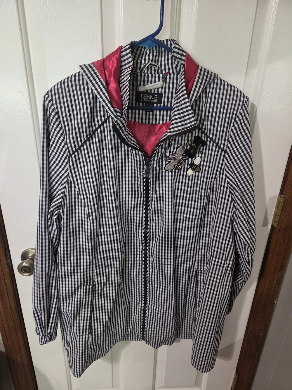 dennis basso Black and White Gingham Hooded Jacket with Pink Lining